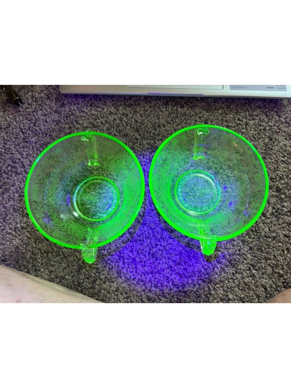 Pair Vtg Uranium Glass Handled Berry Bowl Etched Floral Depression Glass UV Glow
